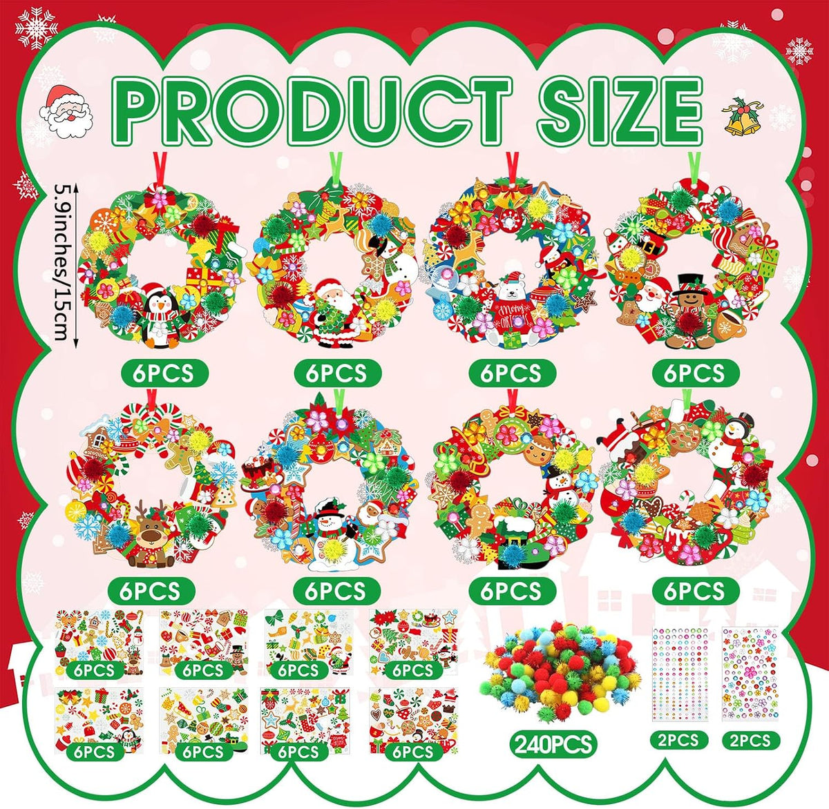 Hollowfly Thanksgiving paper wreath craft kits with gem stickers, ribbons and wool balls - view 15