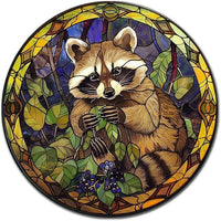 Lygond Metal Sign Tin Sign Circular Stained Glass Raccoon Minimalist Wall Art for Club 8×8 Inches