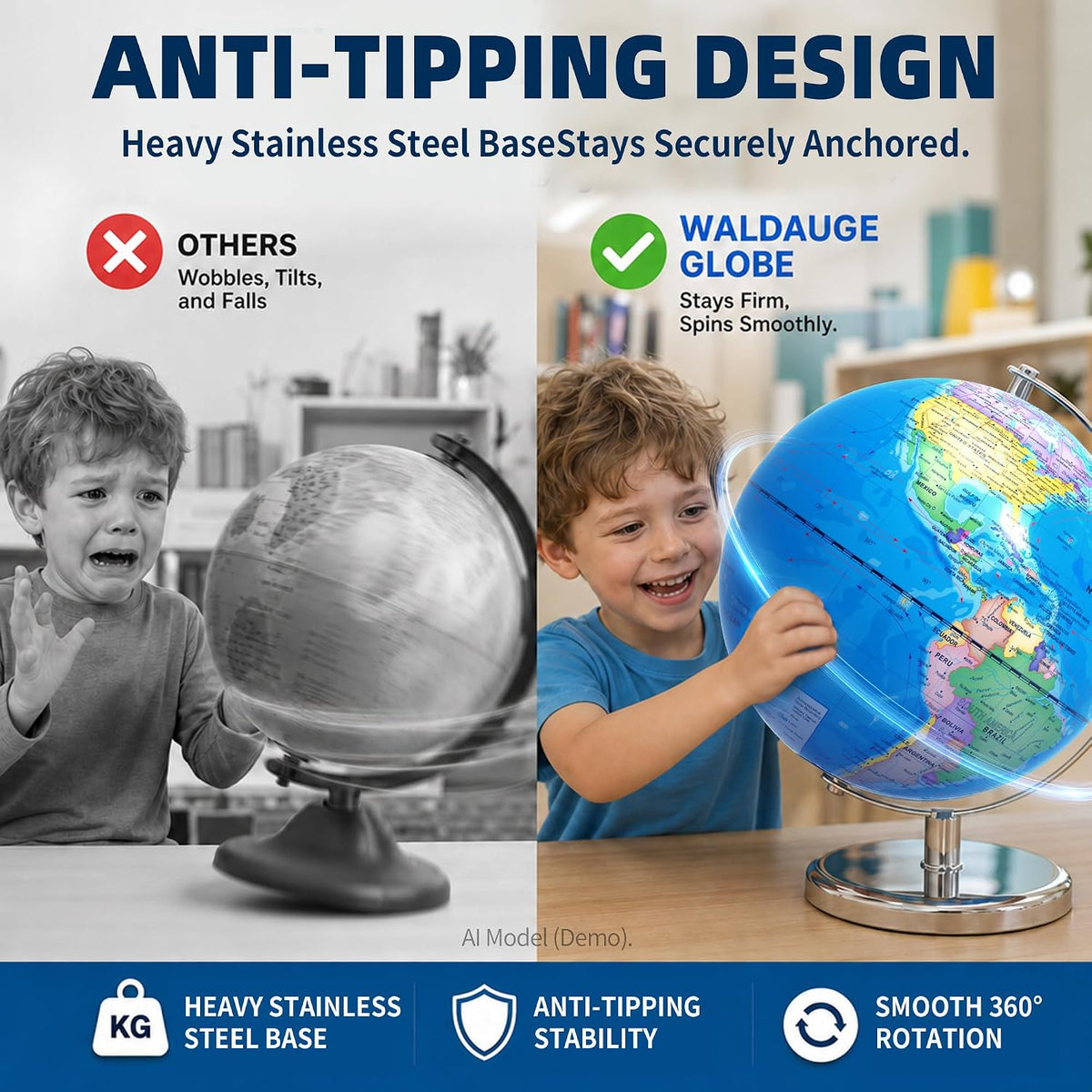 Waldauge 13 inch illuminated blue world globe with LED light on a metal base - view 7
