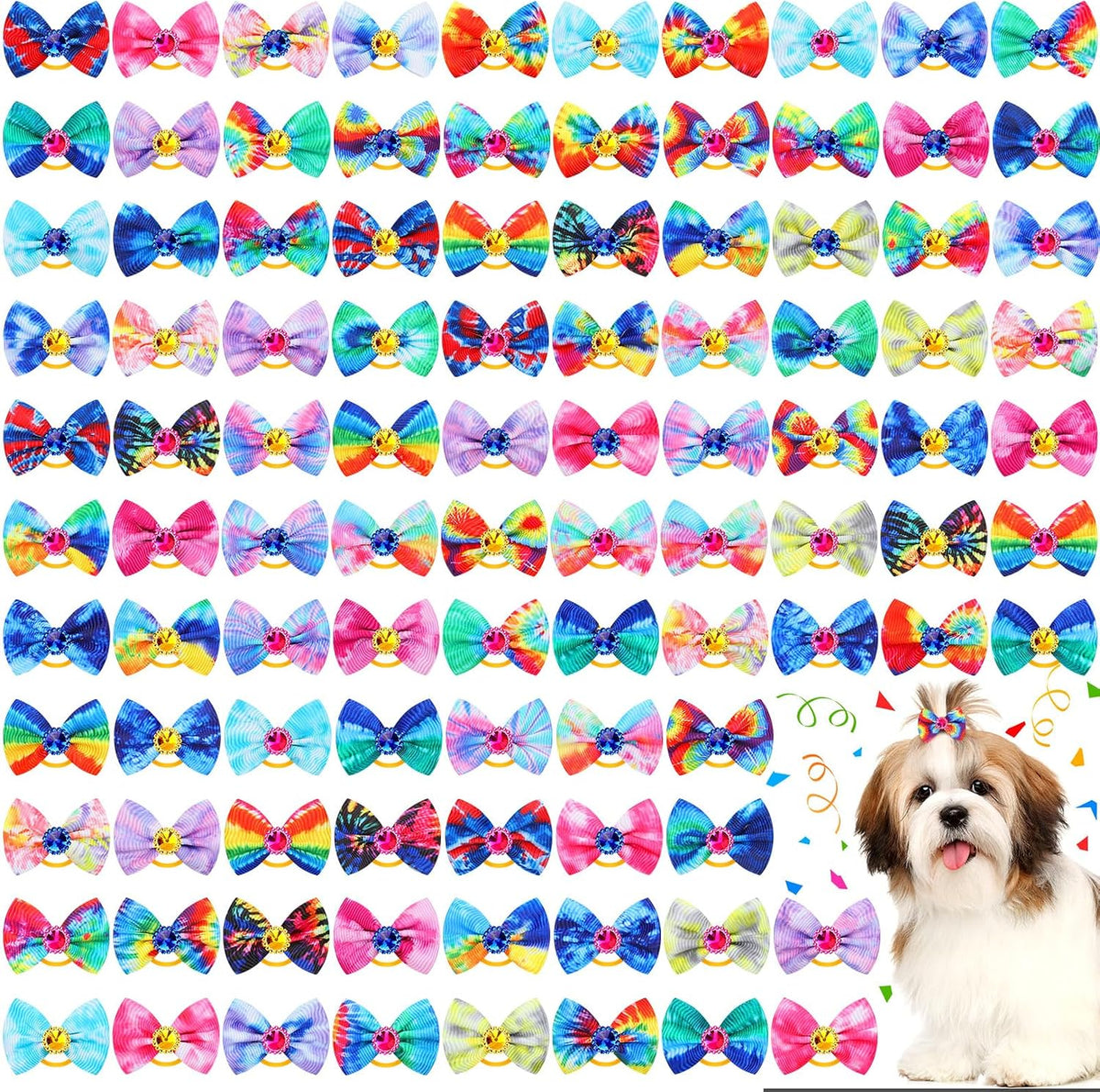 Tondiamo 100 Pack Halloween Dog Hair Bows Ghost Pattern Rubber Bands – Essentials for Dogs - Tie Dye