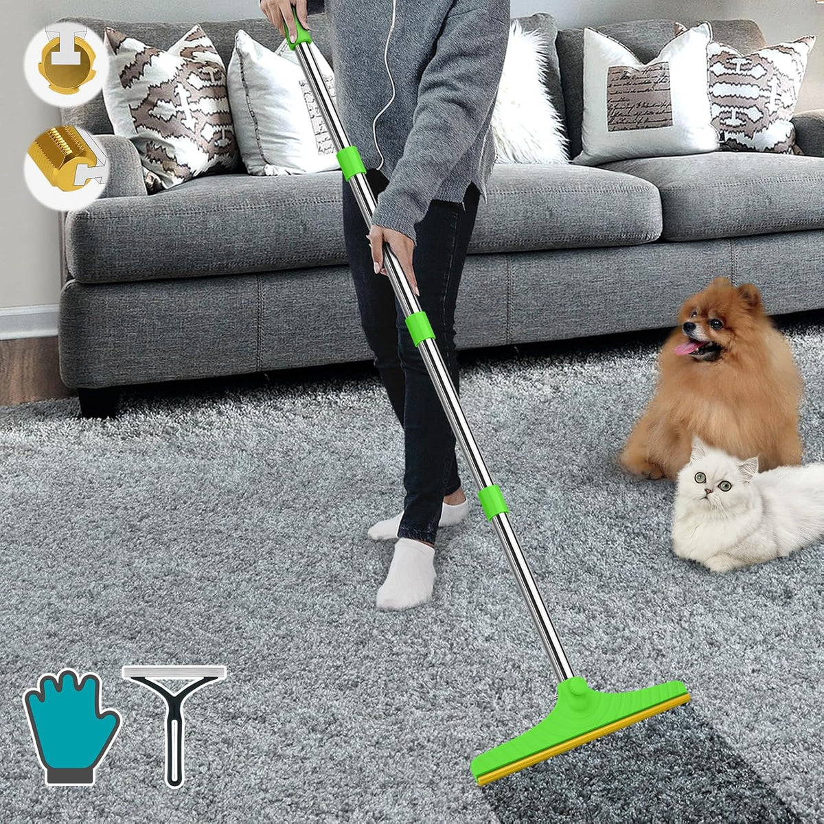 Carpet Rake for Pet Hair Removal, Reusable Carpet Scraper Broom – Essentials for Dogs - Green