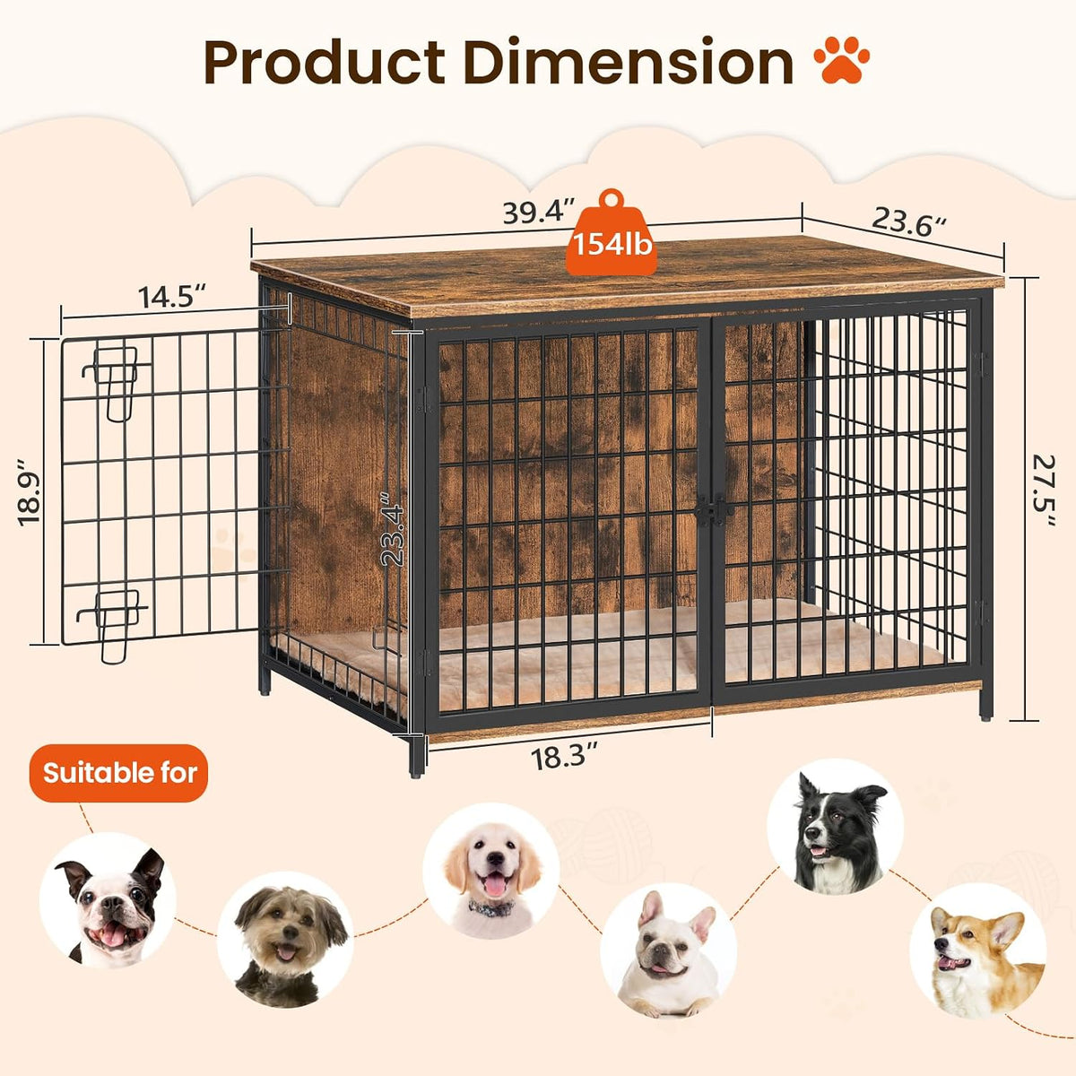 MAHANCRIS Dog Crate Furniture with Cushion - 39.4"L x 23.6"W x 27.5"H / Rustic Brown - image 3
