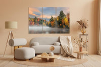 Nature Wall Art Prints - Ocean Forest Mountain Lake Canvas Landscapes - Small to Extra Large Living Room Bedroom Kitchen Bathroom Décor (Misty Fall Reflection, 35L" x 53W" - 3 Panels)
