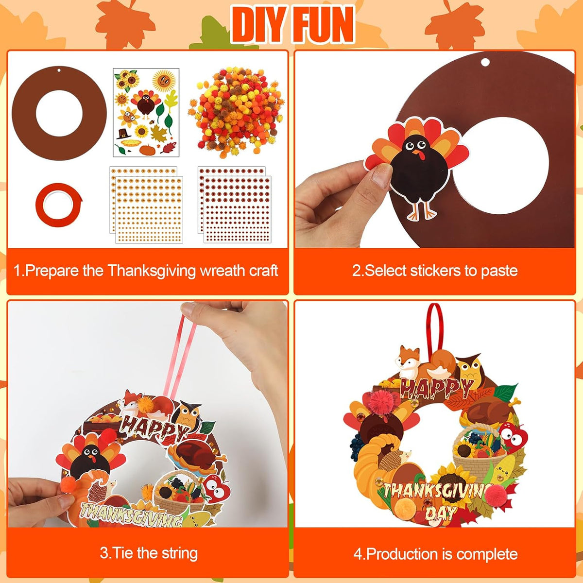 Hollowfly Thanksgiving paper wreath craft kits with gem stickers, ribbons and wool balls - view 40