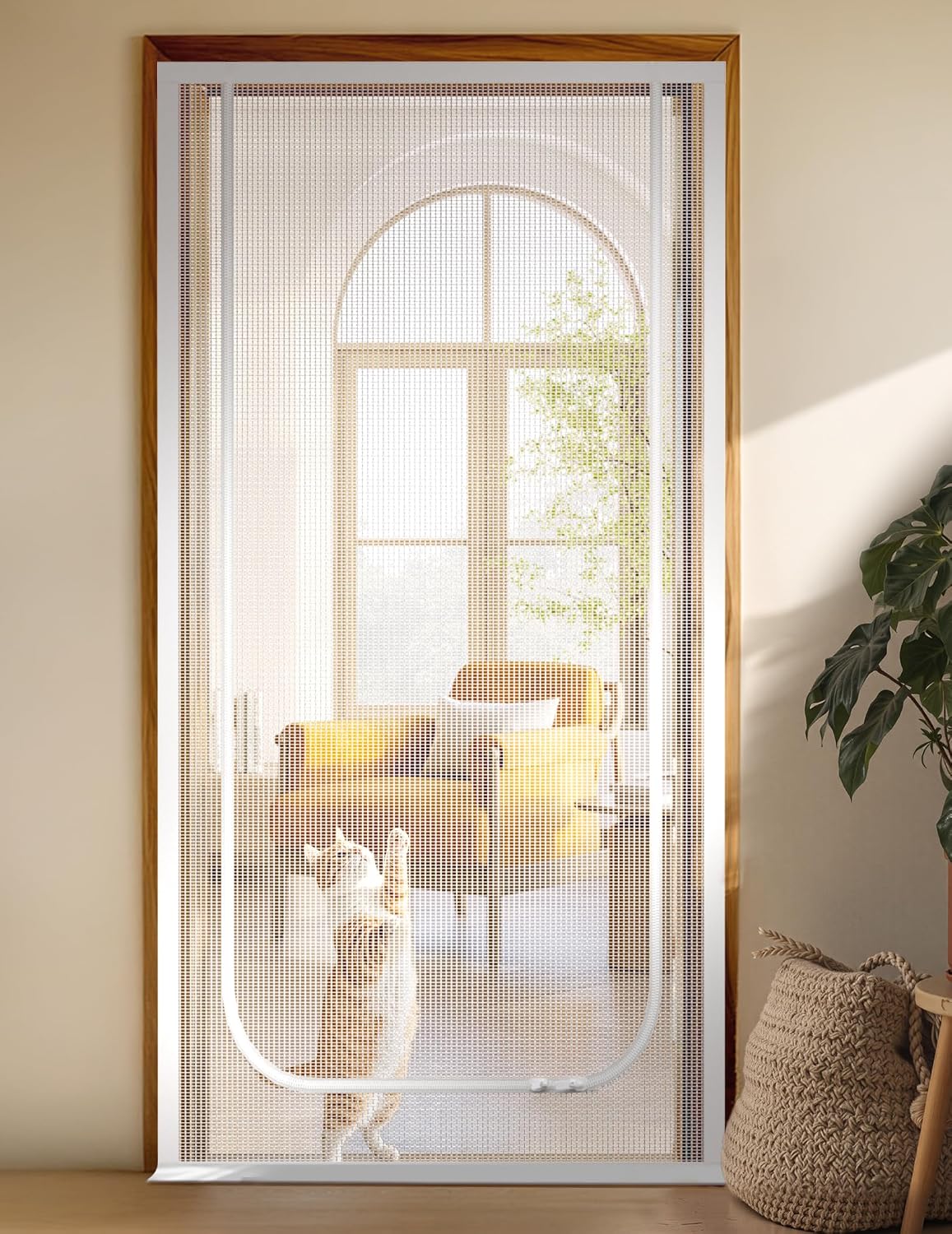 BFNN Cat Screen Door, Scratch Resistant Mesh Gate - White, U-shaped / Up to 38''x 82'' (Fits Door Opening Size)