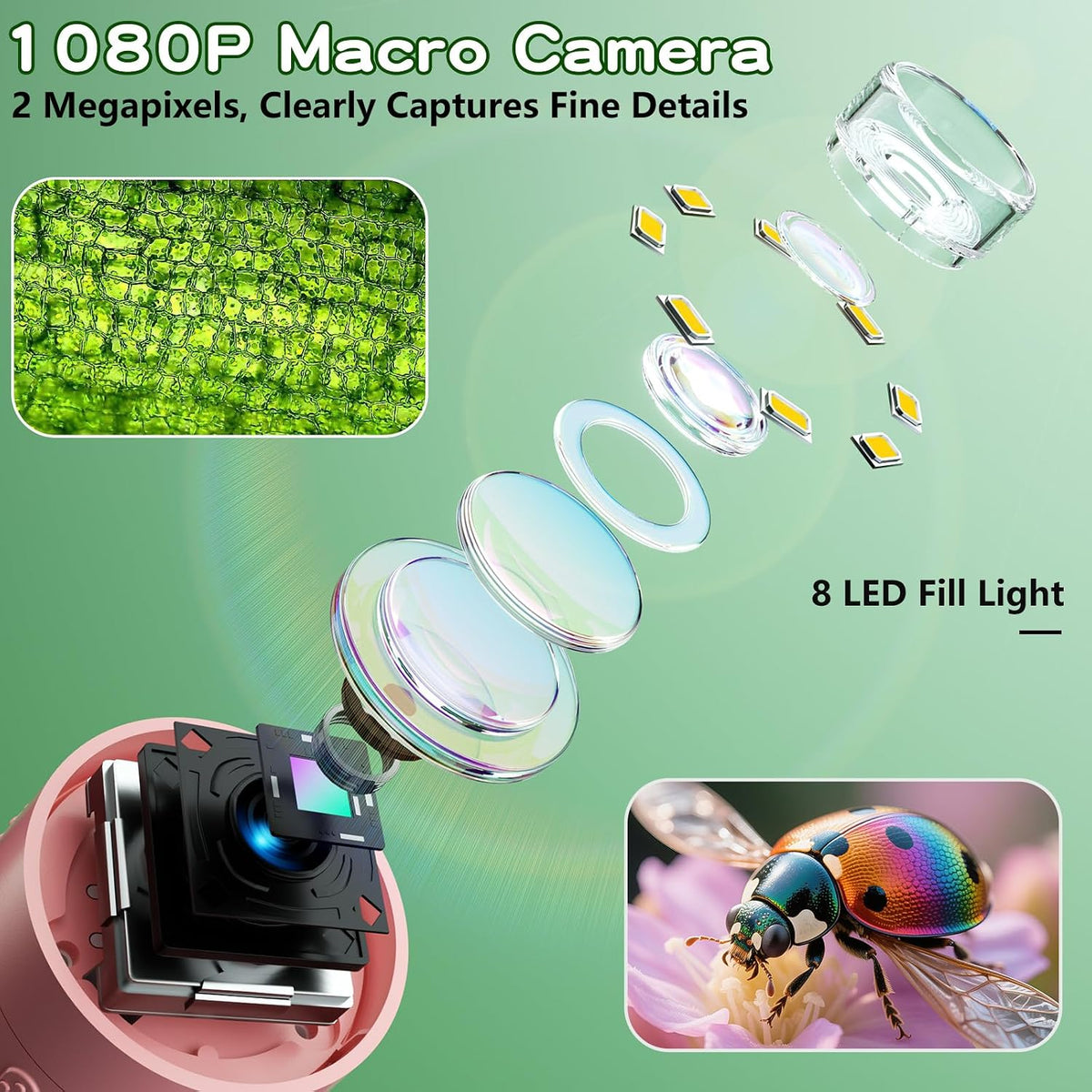 Odatay 1000X Digital Kids Microscope Kit with 12 Slides & 2" Screen - Pink - image 3