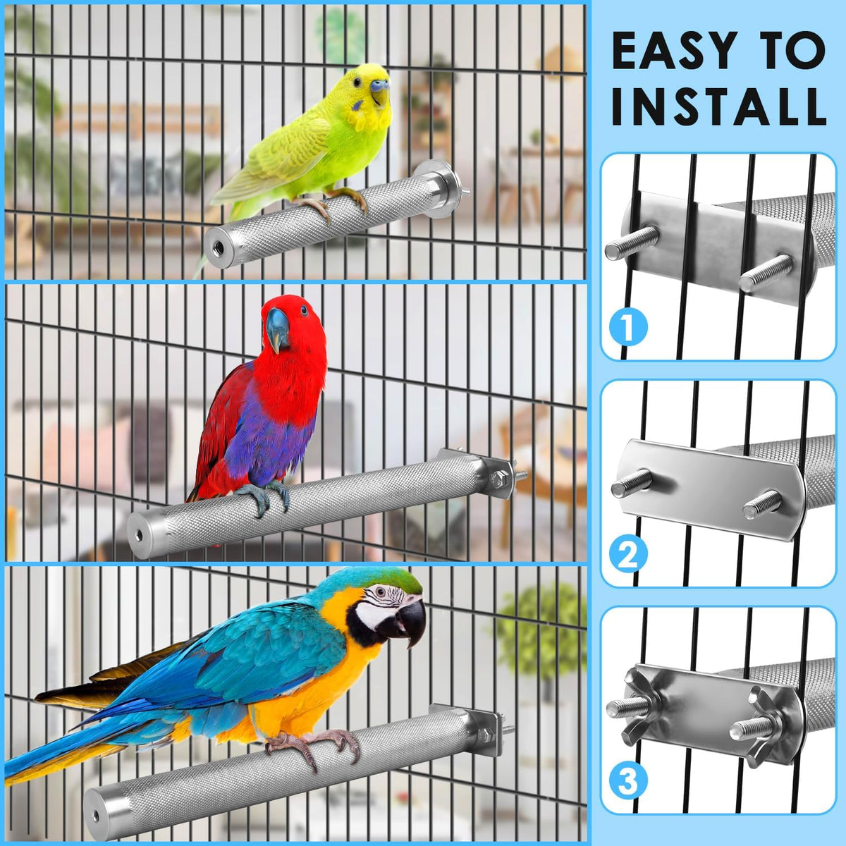 KATUMO Parrot Perch - Stainless Steel African Grey Perch Bird Cage Accessories for Small to Large - L: 11.8 x 1.2 inch - image 3