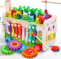 Teekdeer 9 in 1 Montessori wooden pounding toy with xylophone, gears and carrot harvest