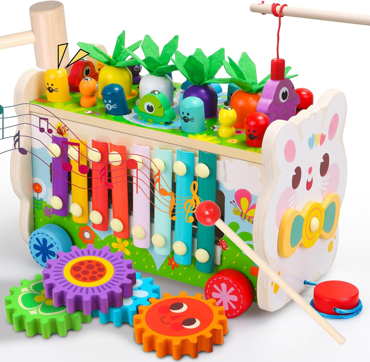 Teekdeer 9 in 1 Montessori wooden pounding toy with xylophone, gears and carrot harvest