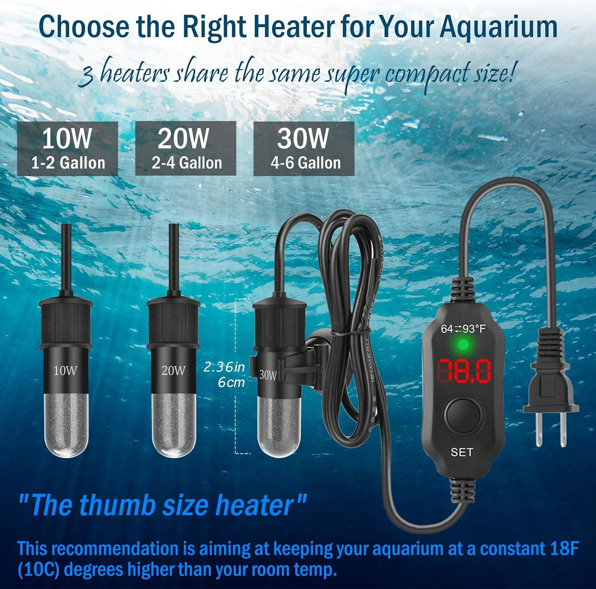10W 5V/2A USB Super Mini Betta Heater LED Digital for up to 1 Gal - For Aquariums ≤ 6 Gal - image 3