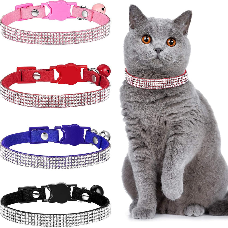 Weewooday 4 Pieces Rhinestones Cat Collars Breakaway Cat Collar - S / Pink, Red, Black, Blue