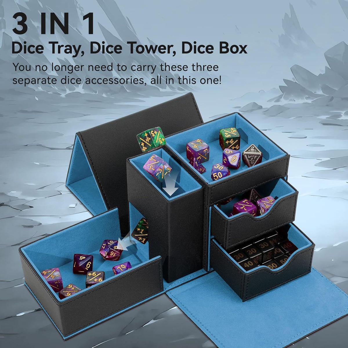Stepane dice tray and dice tower storage box in black and red PU leather with drawers - view 29