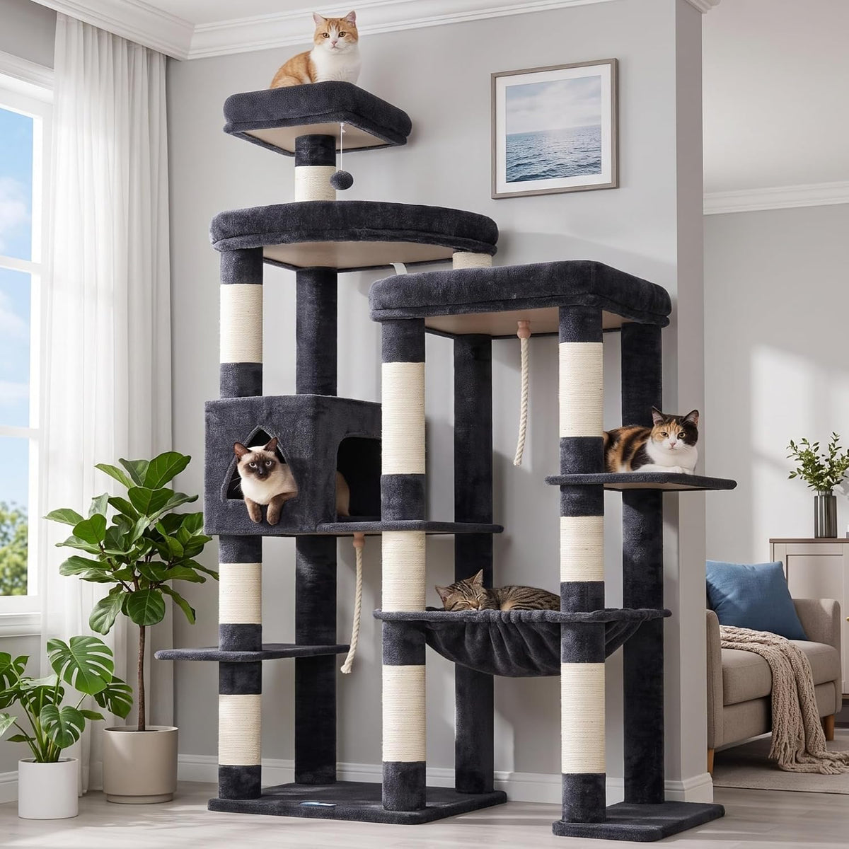 Hey-brother Cat Tree, Multi-Level Sisal Covered Scratching Posts - Smoky Gray / 71.9 Inches