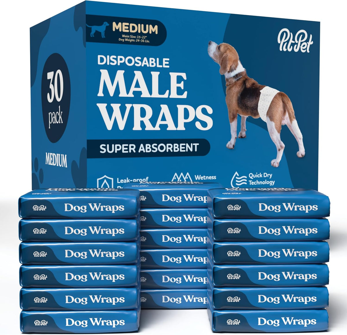 Comfortable Male Dog Diapers, FlashDry Gel Technology - 30 Pack / Medium