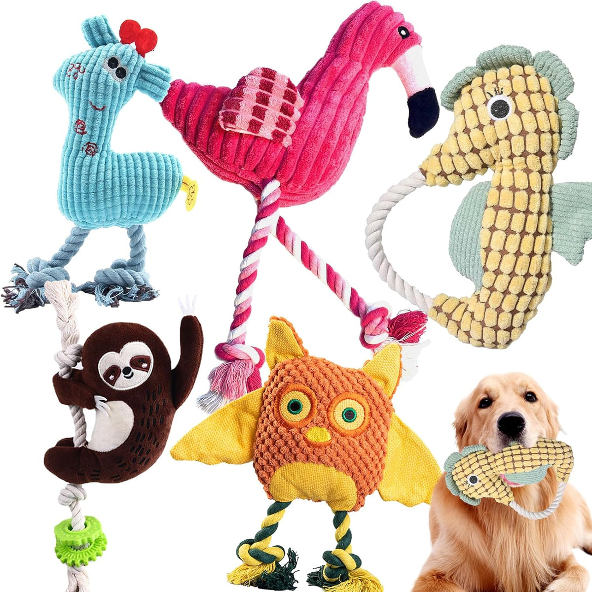 5 Pack Plush Dog Toys with Rope, Squeaky Dog Toys - 5 Pack Dog Toys