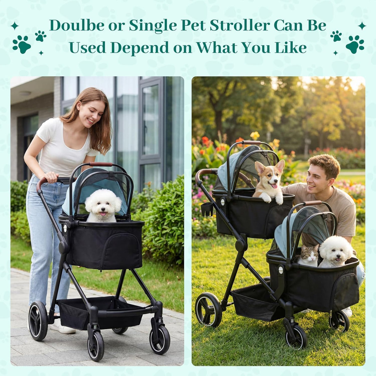 Foldable Double Pet Stroller for 2 Small Medium Cats Dogs – Essentials for Cats - Light Blue / Double - image 4