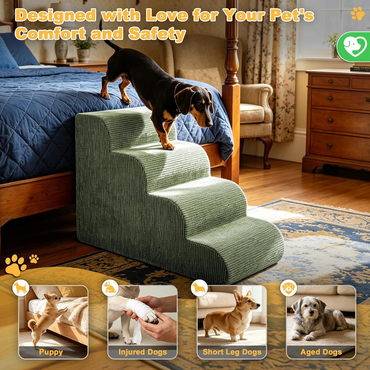 Dog Stairs for Bed & Couch, 18" H 4-Step Pet Ramp for Small Dogs - Green / 4 / Standard 18" Height - image 4