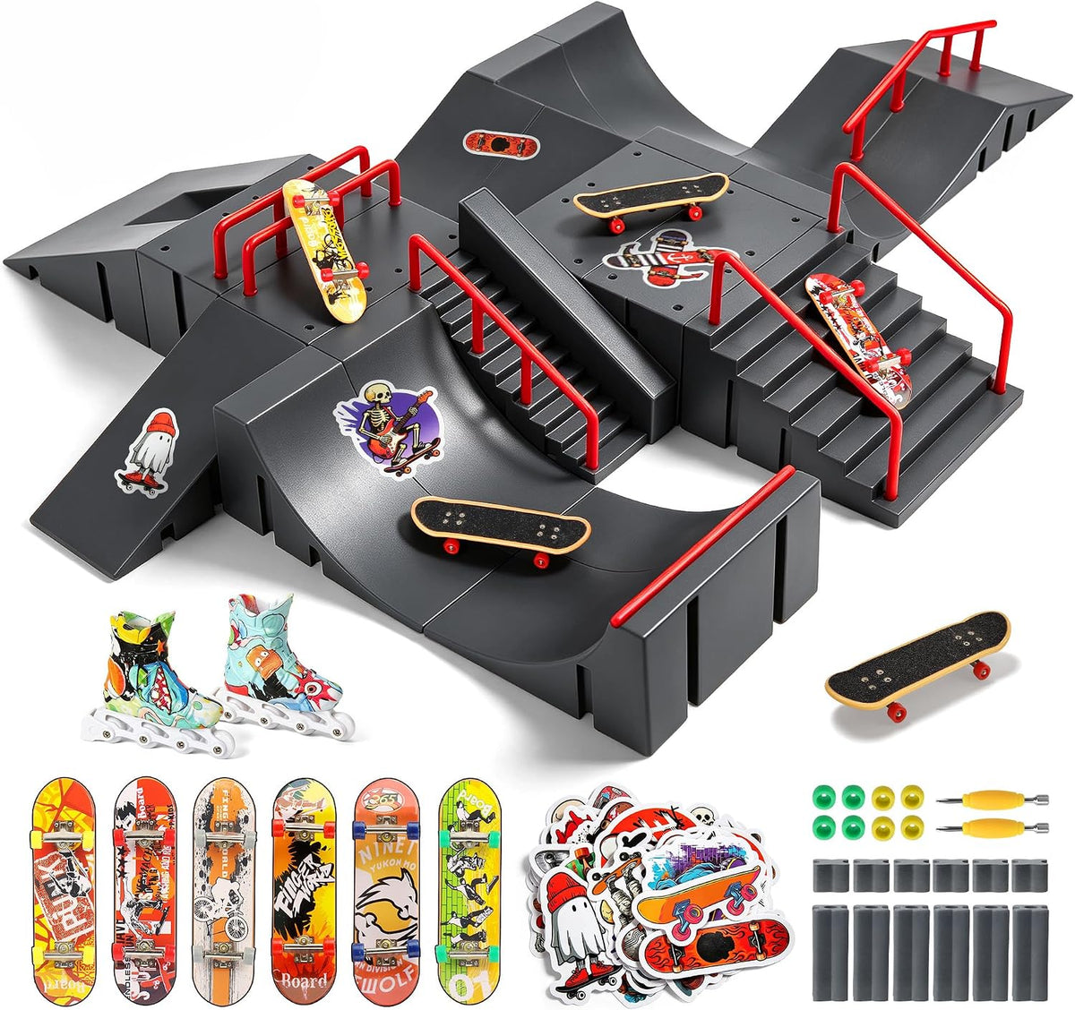 RNGODO 14-in-1 fingerboard skatepark set with ramps, rails, 8 finger skateboards and finger bike - view 2