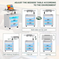 HNEBC Nightstand Set of 2, LED Nightstand with Wireless Charging Station/USB Ports,Smart Nightstand Has Adjustable Rotary Workstation with 2 Drawers,Modern Bedside Table for Bedroom Furniture(White)