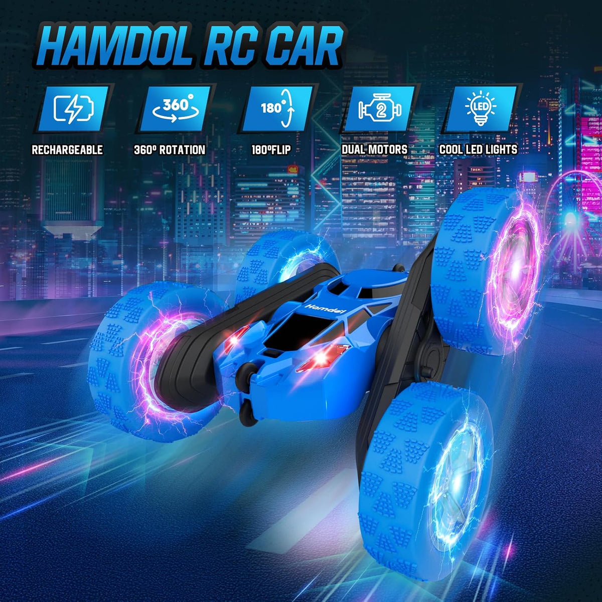 Hamdol Remote Control Car for Kids - Blue / Glow (Headlights & Wheel Lights) - image 2