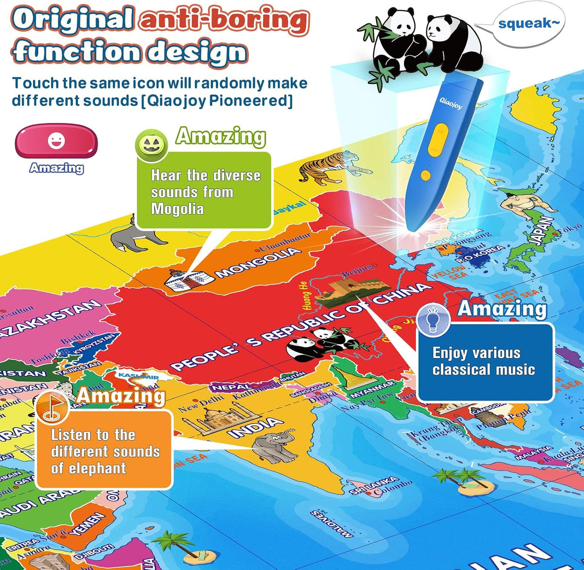 Qiaojoy Bilingual Interactive World Map for Kids Learning Educational - World Map & Search and find book - image 3