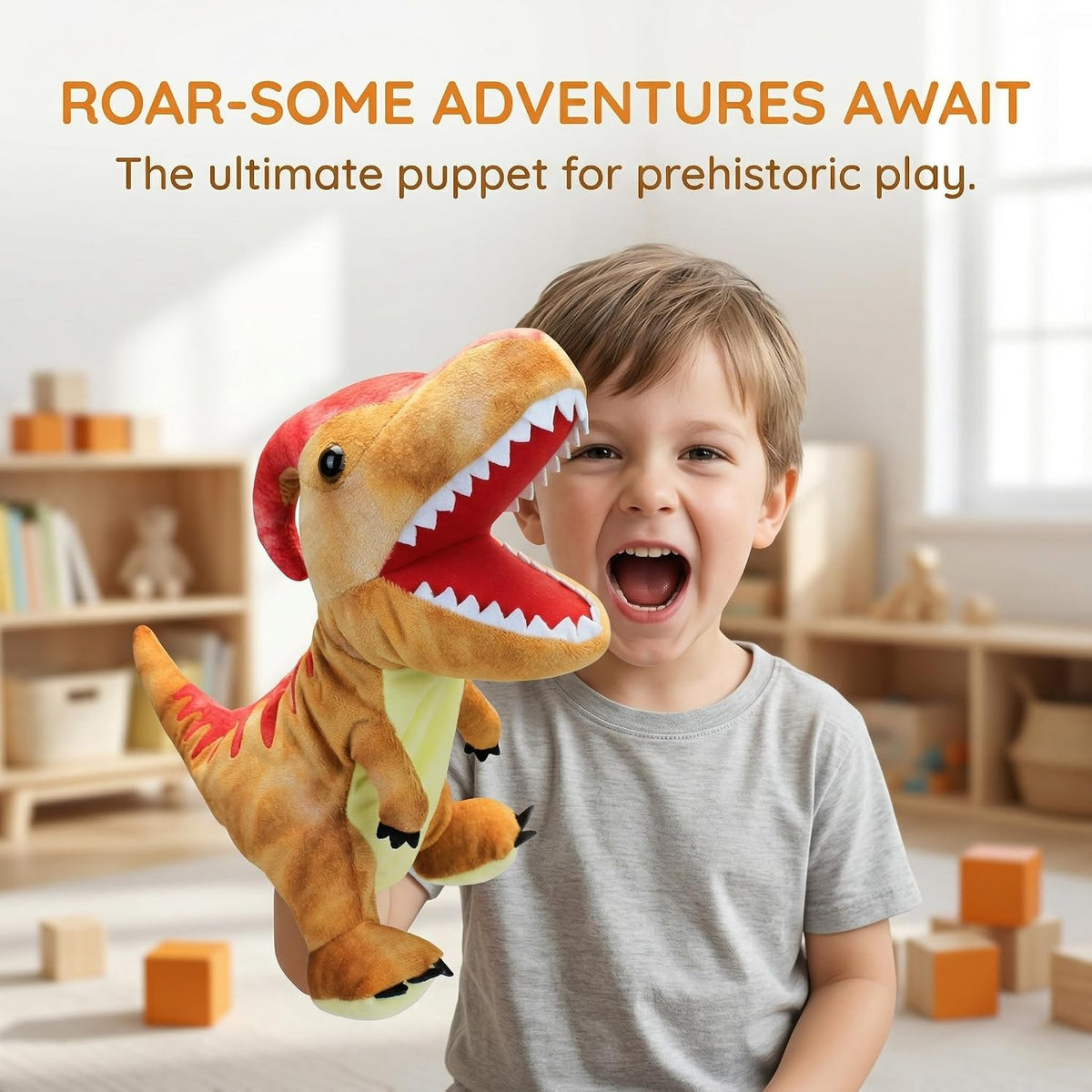 Marine Animals Hand Puppets for Kids, Toddler Includes Sharks - Parasaurolophus / Dinosaurs - image 4