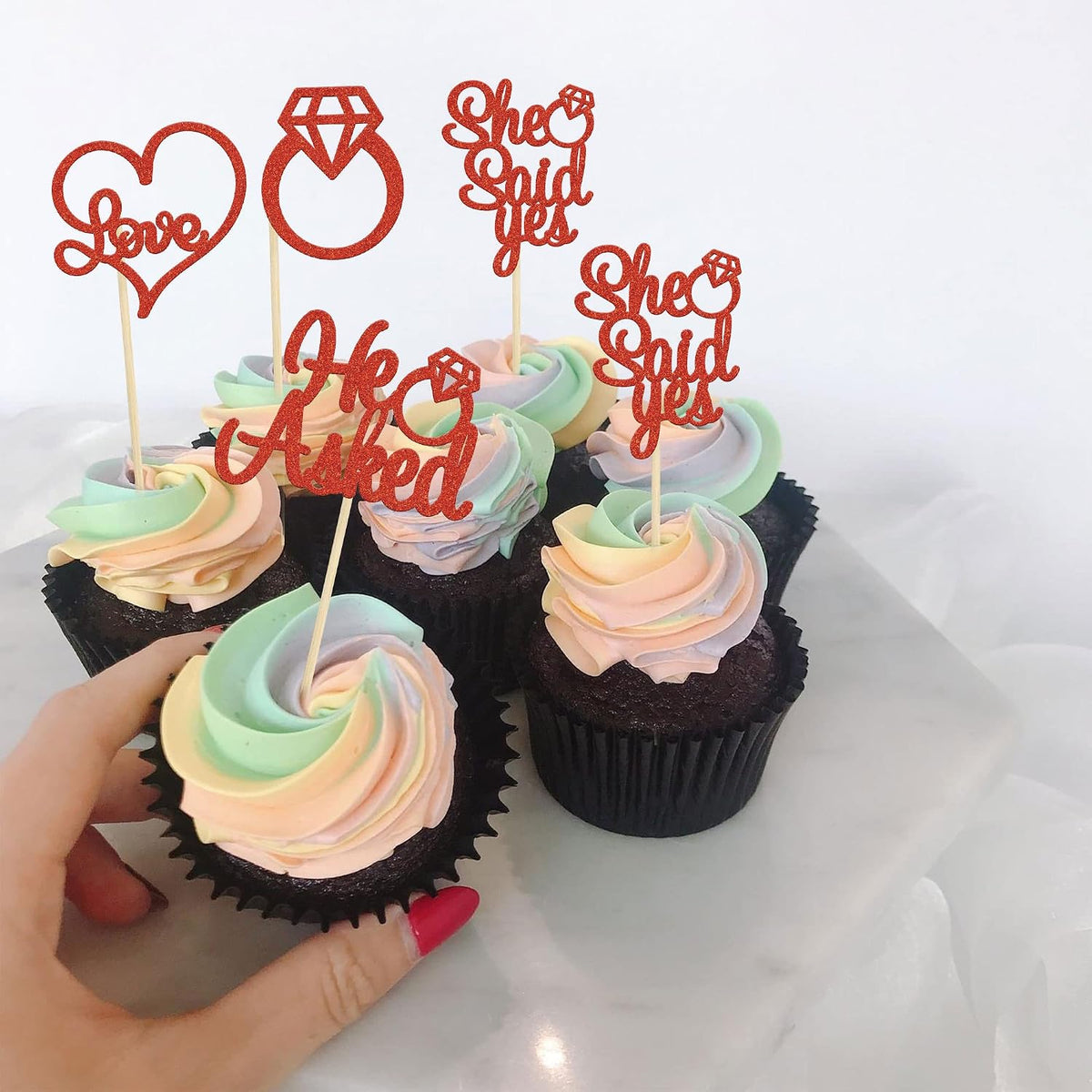 Gyufise He Asked She Said Yes Cupcake Toppers Gold Glitter Diamond - Red - image 4