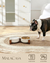 MALACASA Dog Bowl Set, Ceramic Bowls with Walnut Wood Stand - Rhombic+Polka Dots / 2 Cups - image 3