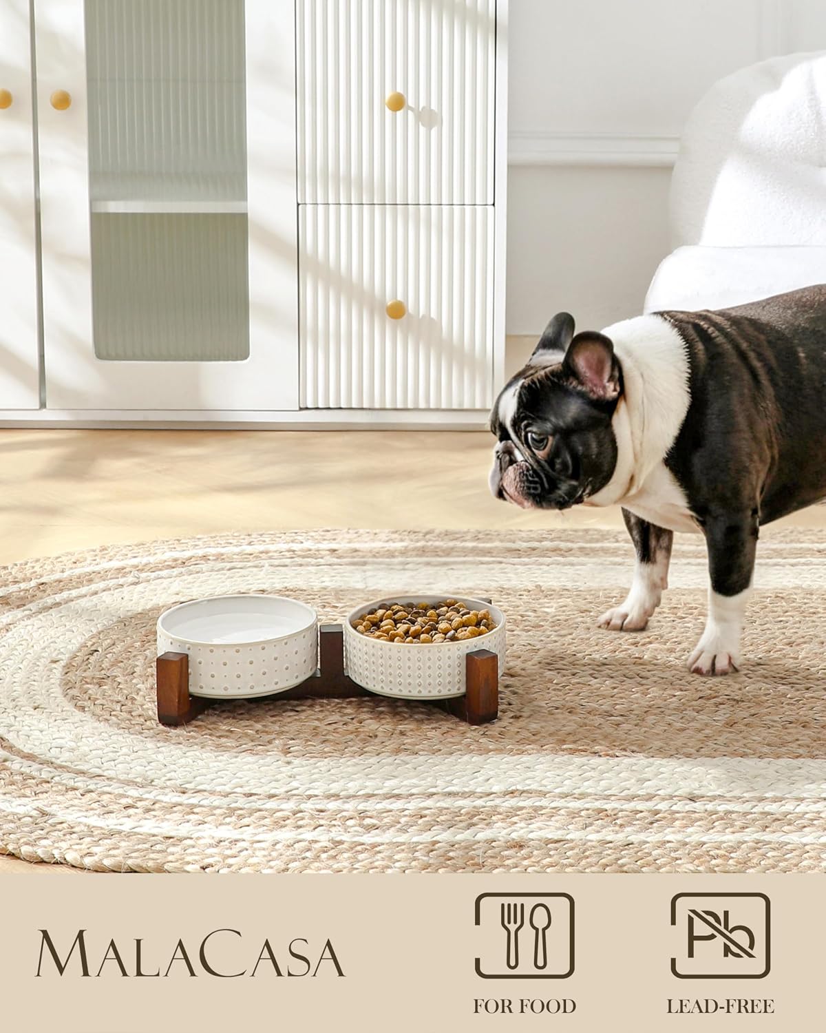 MALACASA Dog Bowl Set, Ceramic Bowls with Walnut Wood Stand - Rhombic+Polka Dots / 2 Cups - image 3