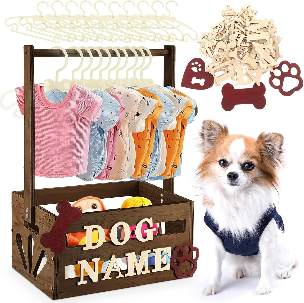 Wooden Dog Closet, Pet Wardrobe with Hanging Rod for Small Dog - Dark Walnut
