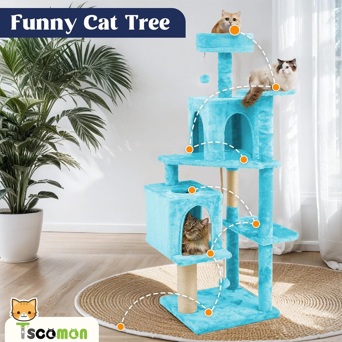 58.5inch Large Cat Tree Tower Condo for Indoor Cats - 58.5in / Peacock blue - image 2