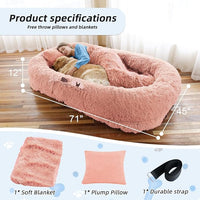 Human Dog Bed, 71''x45''x12'' Size Fits You and Pets, Washable Faux Fur Pet Bed for People Doze Off, Napping Orthopedic Dog Bed, Present Plump Pillow, Blanket, Strap - Pink