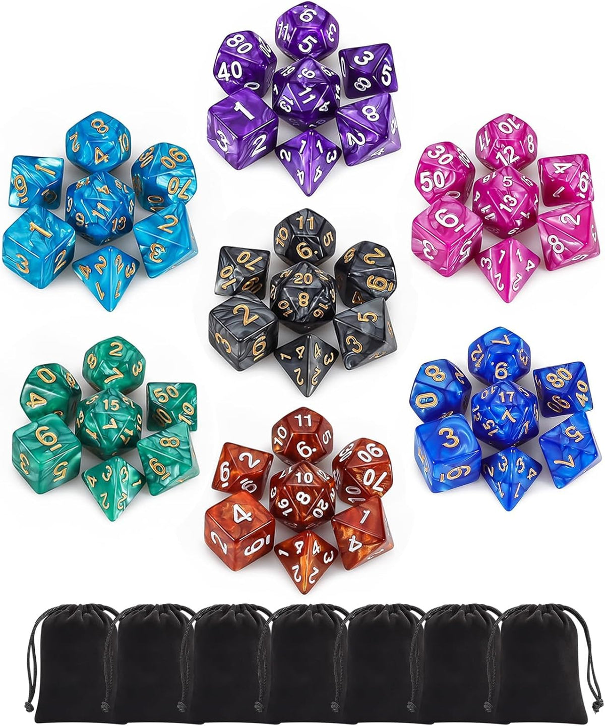 QMay 7 Sets Polyhedral Dice - 7 Colors (49pcs)