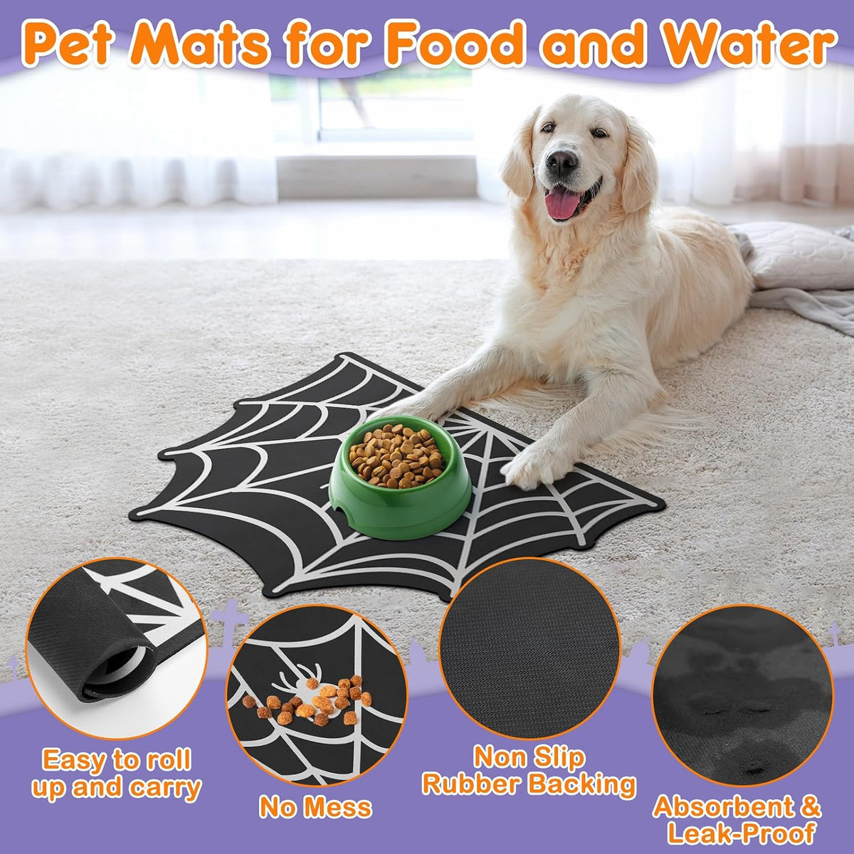 Pet Mats for Food and Water Dog Cat Food Mats Pet Feeding Mat - Spider Web - image 4