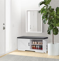 2-Tier Storage Bench, Shoe Bench with Padded Seat Cushion, Entryway Bench with 2 Barn Doors, Adjustable Shelf, 13.8" D x 39.4" W x 17.7" H, for Entryway, Living Room, Bedroom, White