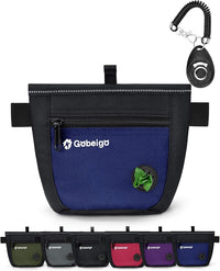 Gobeigo Dog Treat Pouch and Training Clicker, Upgrade Two Magnetic Closure to Prevent Spills, 2 Cup Treat Bag with Poop Bag Dispenser, Metal Clip Waist Belt Fanny Pack for Pet Walk (Black/Blue)