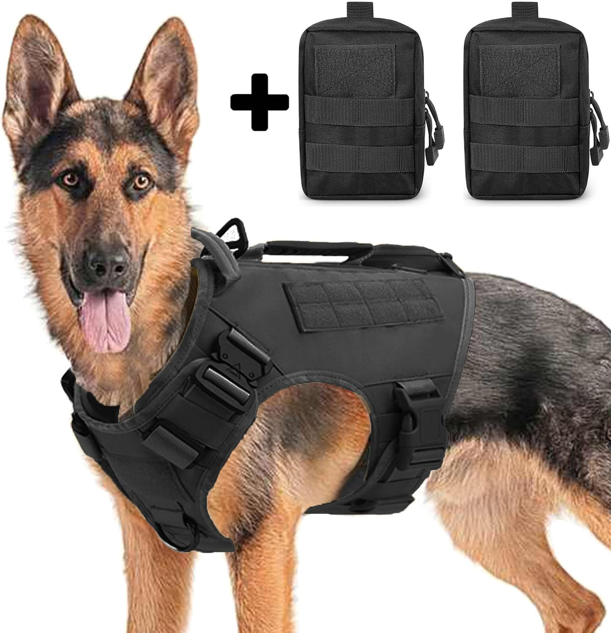 Tactical Dog Backpack Harness for Large Breed Original Design Metal - L / Black (with 2 pouches)
