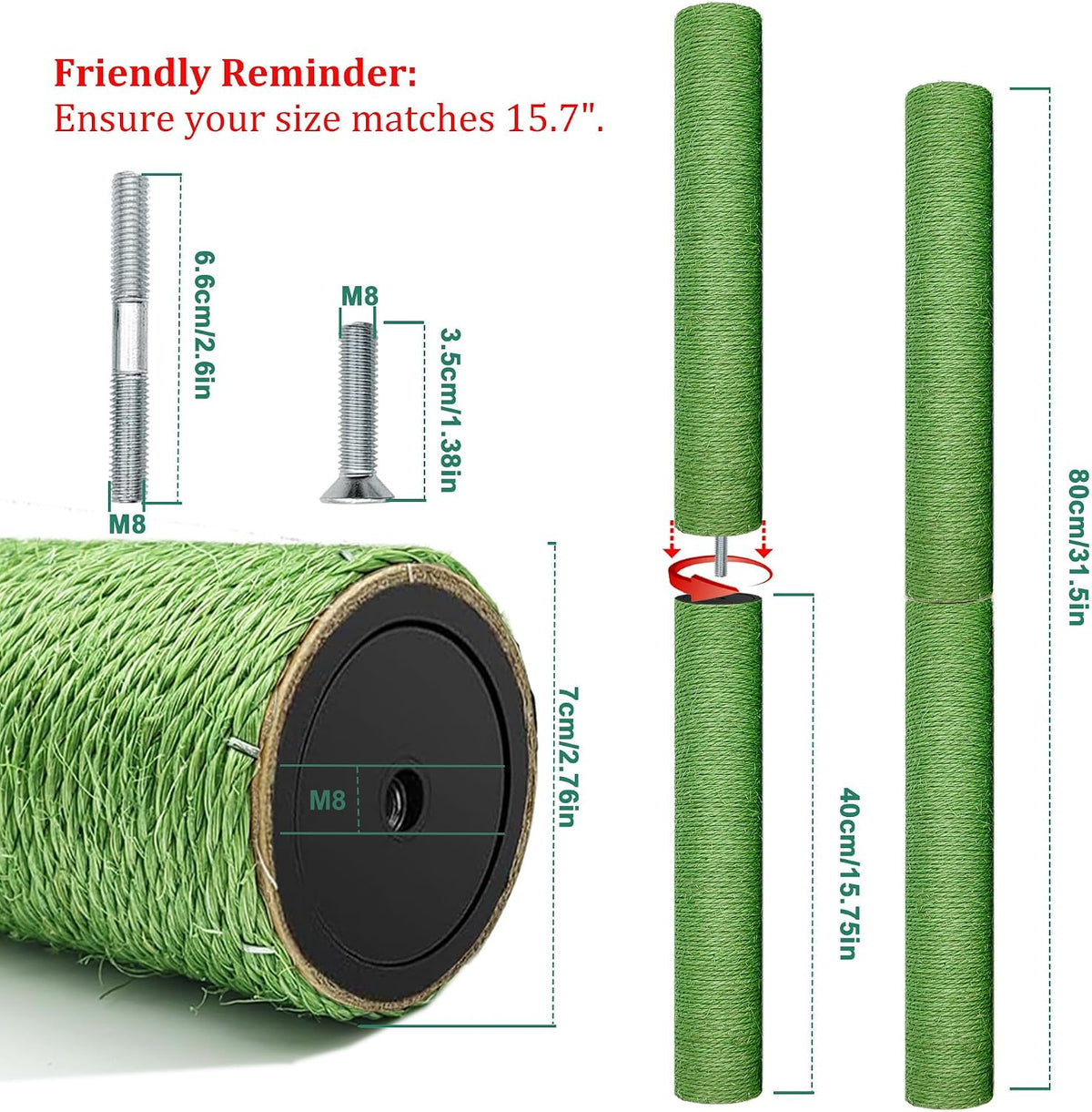 Cat Scratching Post Replacement Pole - M8*4poles / 40 cm / 15.71 in Green - image 2