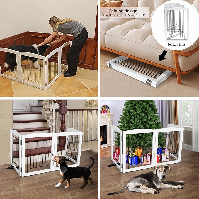 ZJSF Freestanding Dog Fence Indoor, Foldable Dog Gate for Doorways, Stairs or Hallways, Sturdy Wood Extra Wide Pet Gate with Support Feet for The House, White, 32 "Height-3 Panels