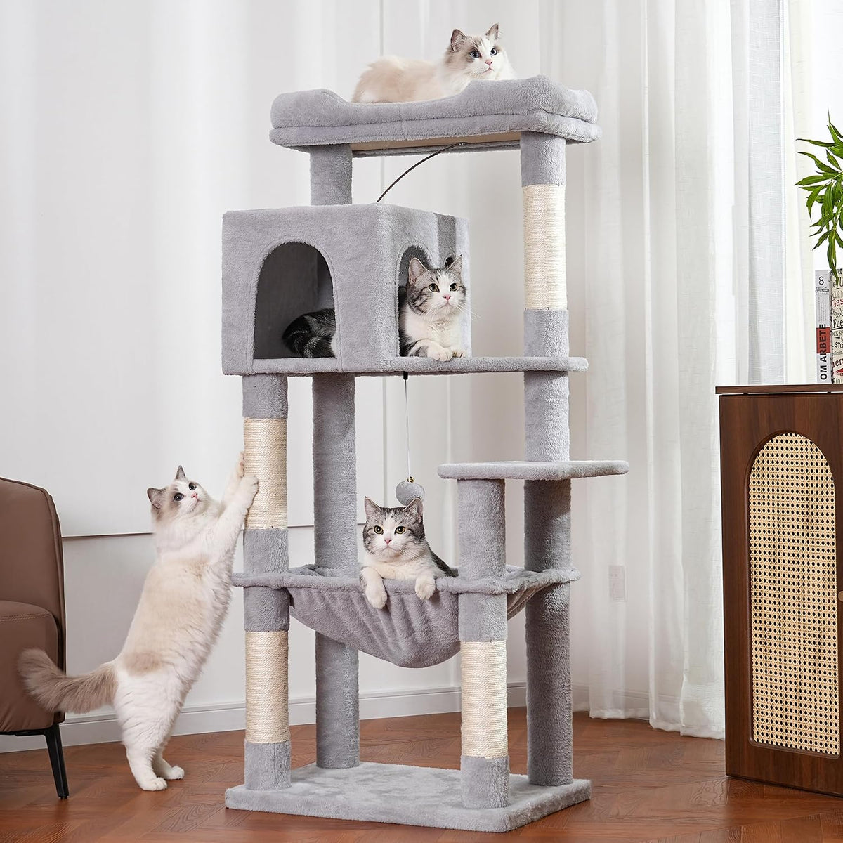 Cat Tree 32” Small Cat Tower with Large Hammock 16”& Self Groomer – Essentials for Cats - XLarge-53" / Gray
