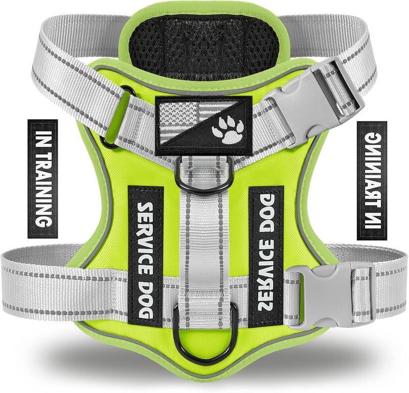 Service Dog Harness, Reflective Dog Vest Harness with 5 PCS Patches, Adjustable Soft Oxford Pet - NeonGreen / Large (Pack of 1)