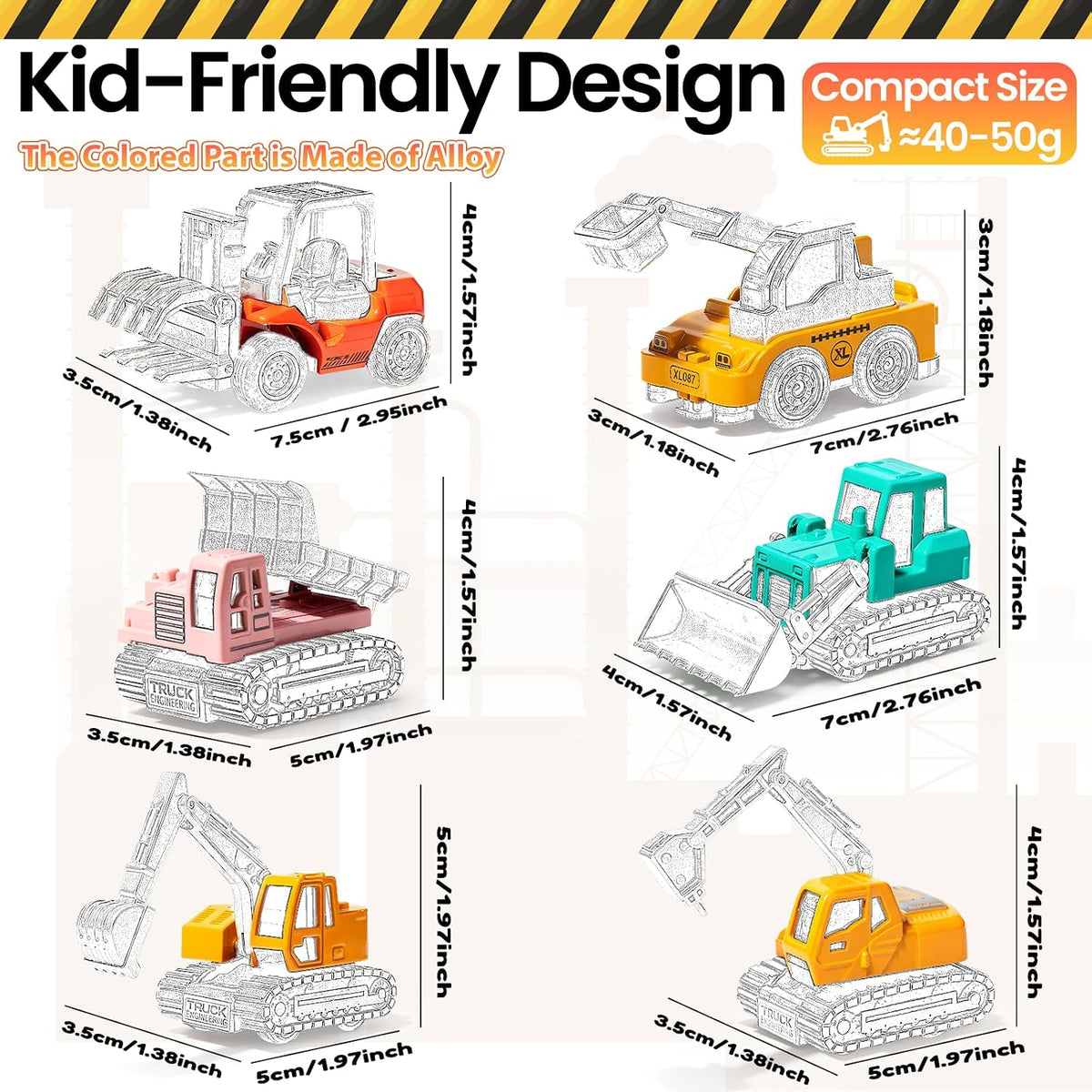 Oriate set of 6 diecast construction vehicles including excavator and bulldozer - view 15