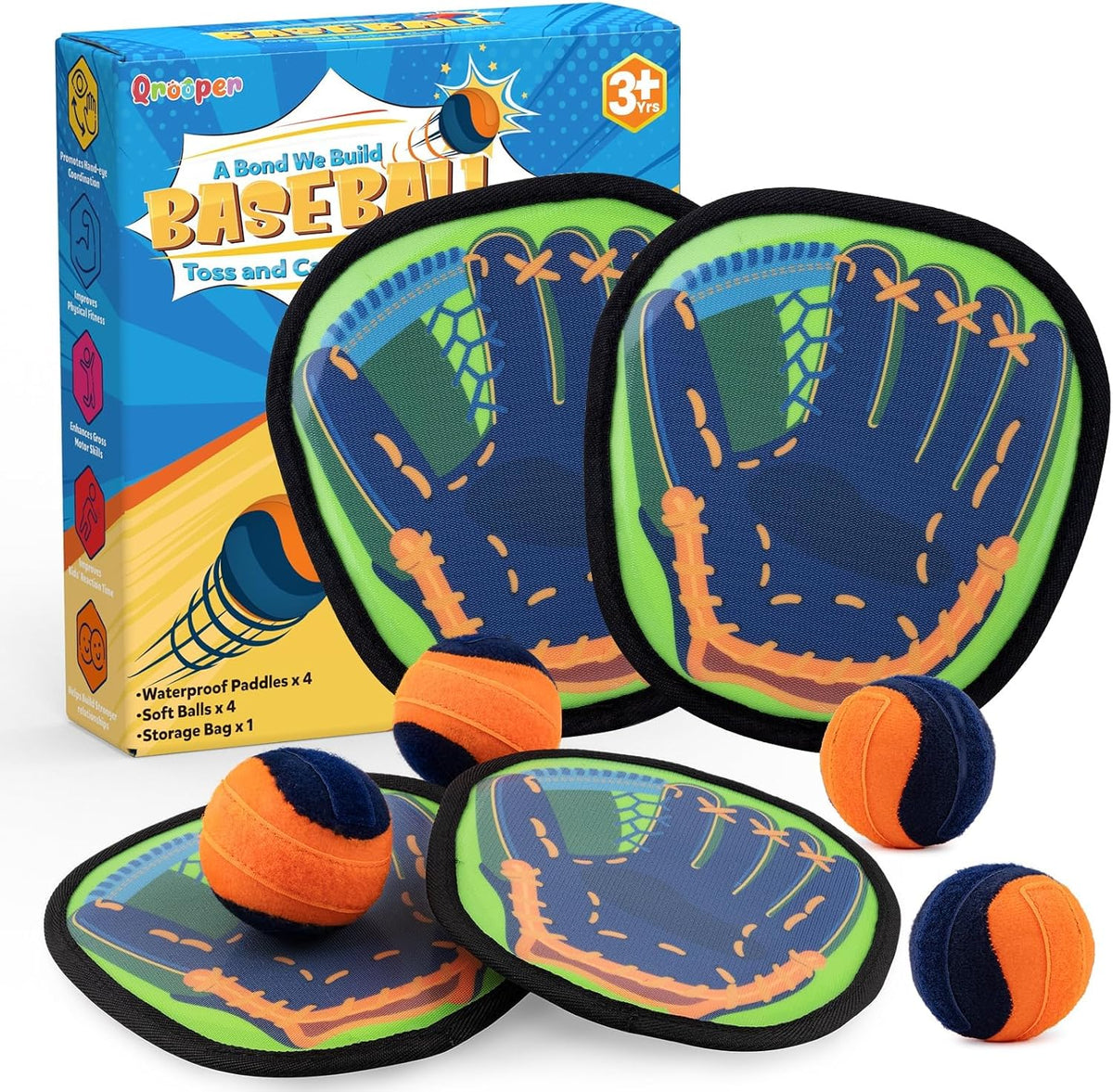 Toss and Catch Game with Soft Balls & Sticky Baseball Gloves - Green / 4 paddles 4 balls