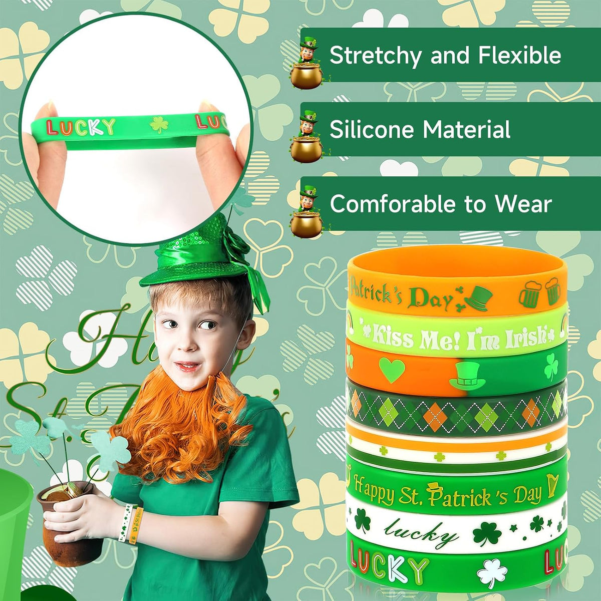 JUNEBRUSHS 64pcs Halloween Party Favors Silicone Bracelets Rubber - St. Patrick's Style - image 4