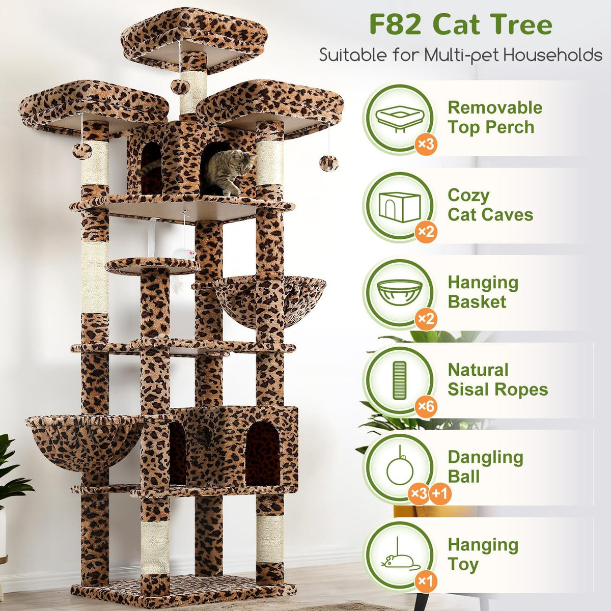 Globlazer Cat Tree Tower for Multiple Adult Cats, F82 - 82 inch / Leopard Print - image 2