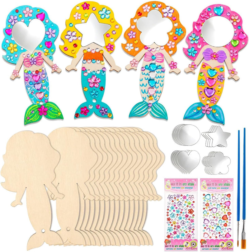 XJWWHZ wooden princess mirror craft kit, 12 DIY mirrors with gem stickers and brushes
