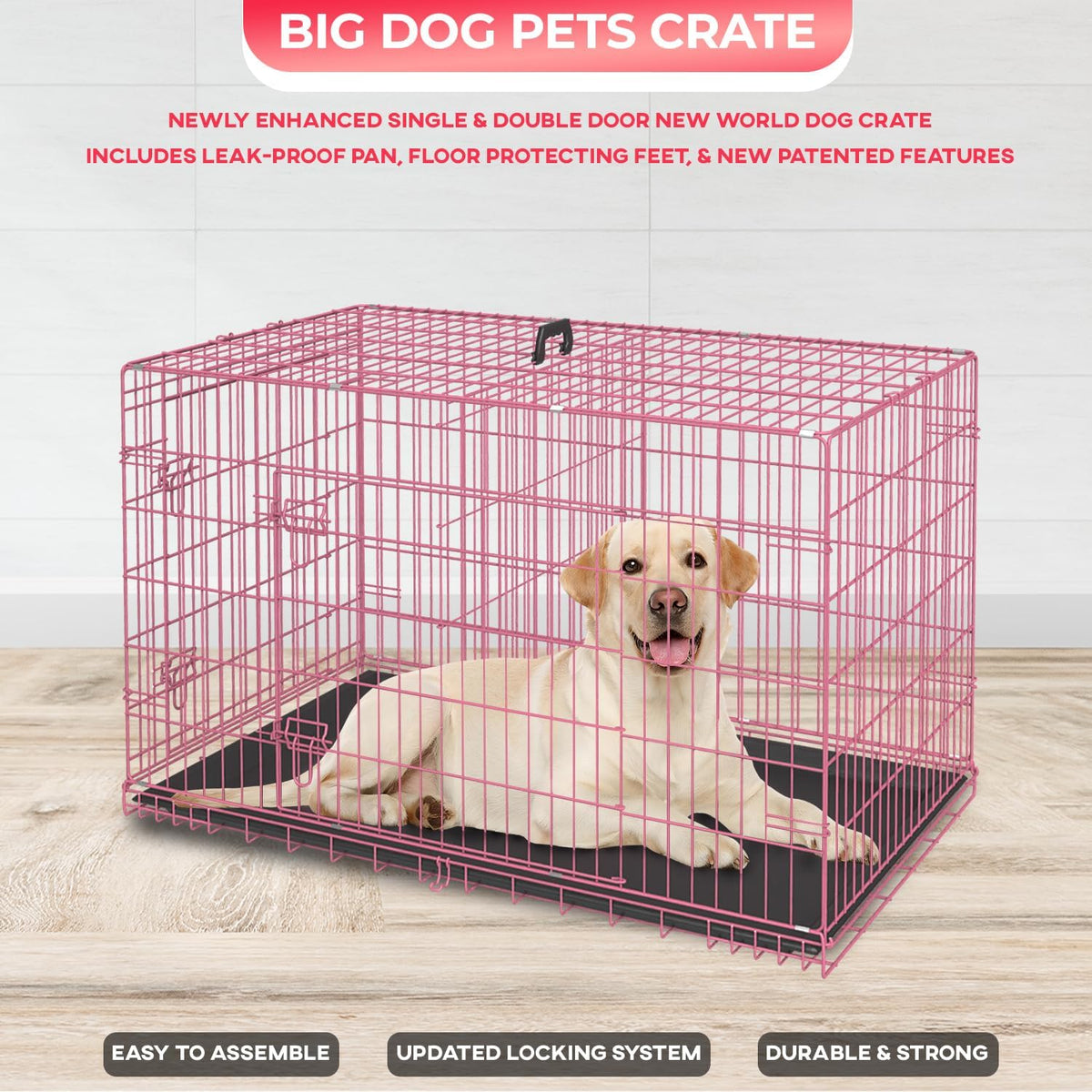 FDW, 48" Foldable Metal Dog Crate, Cage for XL Dogs - Pink / 42 Inch Double Door - image 3