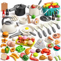 130Pcs Kitchen Playset, Toddler Pretend Cooking Play Pots, Pans - White / 130 Pcs