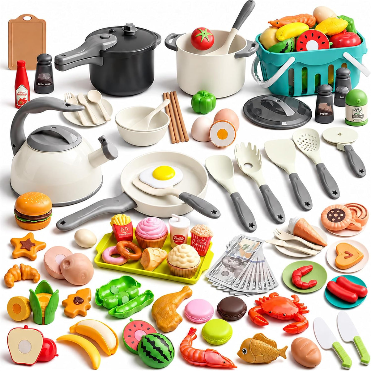 130Pcs Kitchen Playset, Toddler Pretend Cooking Play Pots, Pans - White / 130 Pcs