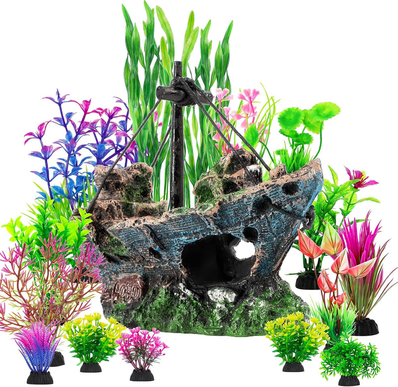 8Pcs Fish Tank Decorations Set Sunken Ship Decoration - 16 Pcs